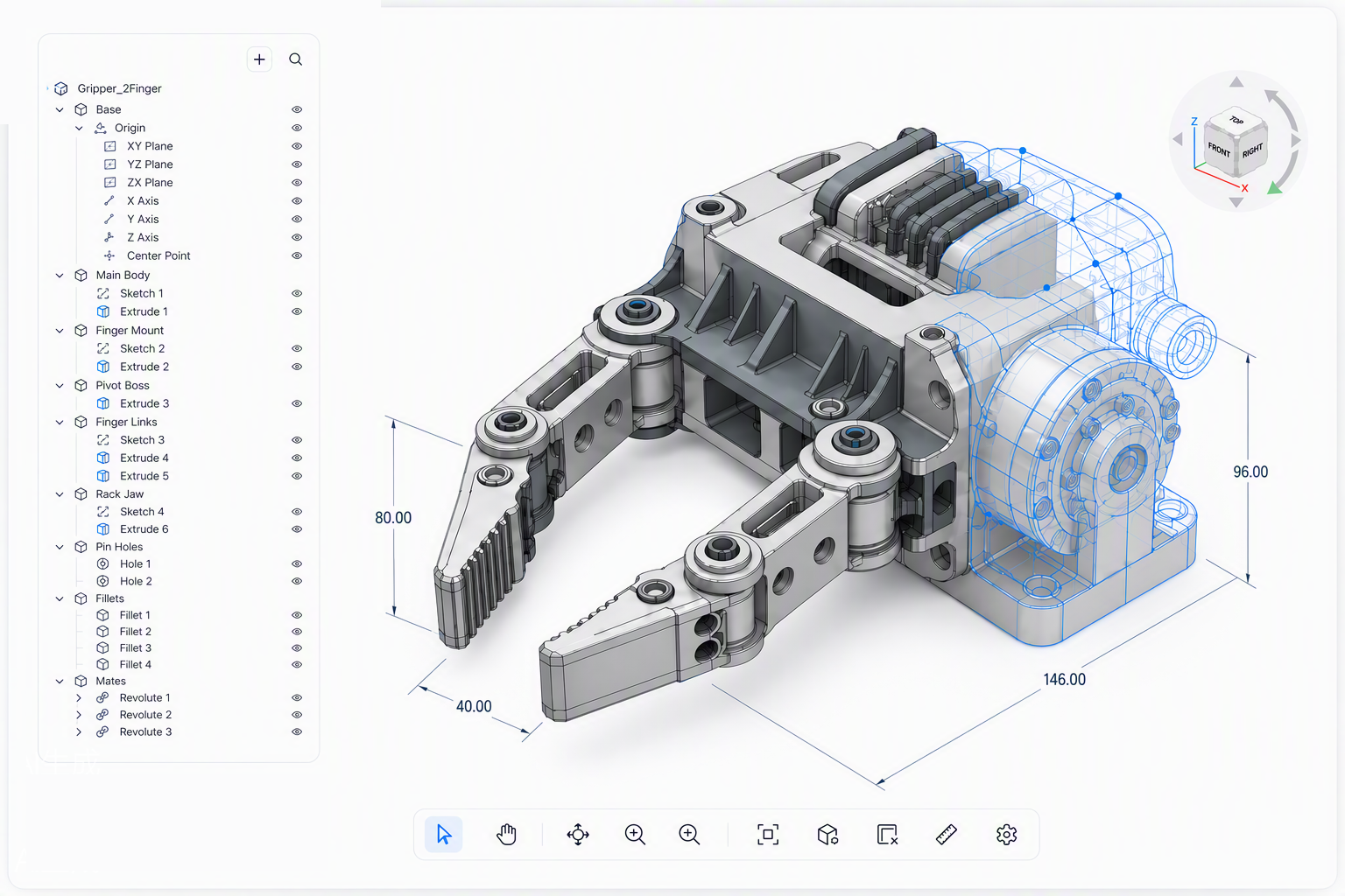 Illustration of the same gripper being edited in zCAD.online